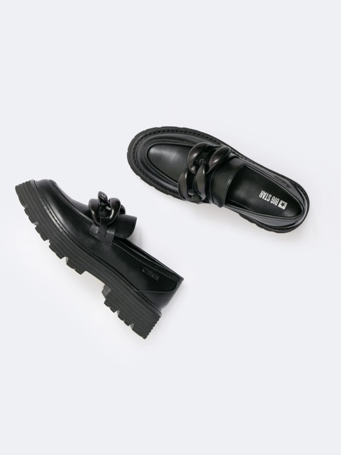 Mokasyny damskie loafersy z ozdobnym łaŅcuchem czarne LL274580 906