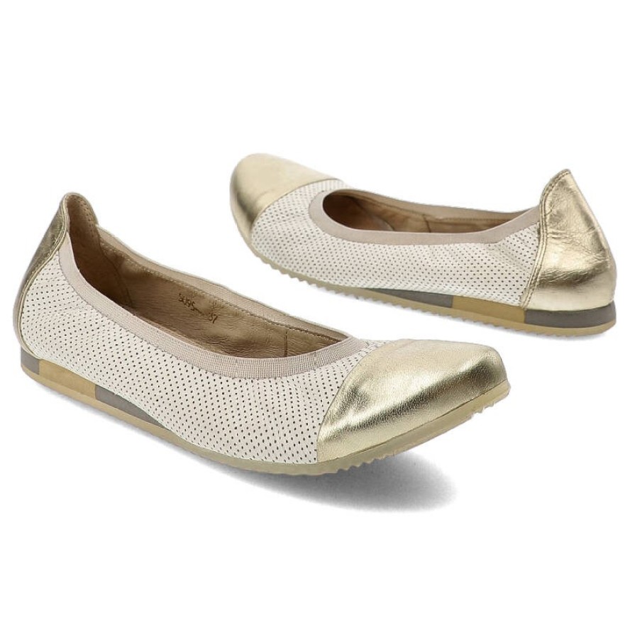 Baleriny damskie Libero, skóra naturalna ze złotym noskiem i płaska podeszwą, biało-złote, 5095