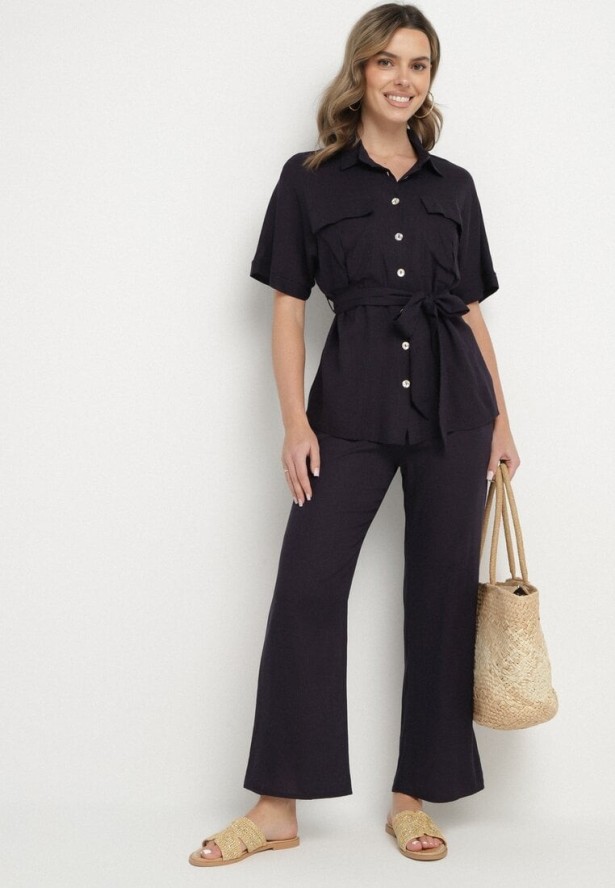 Granatowy Komplet z Wiskozą Lnem Koszula z Paskiem i Szerokie Spodnie Galorisa