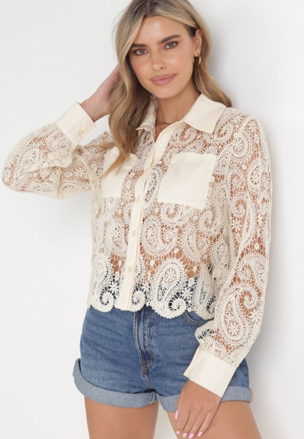 Jasnobeżowa Ażurowa Koszula z Kieszeniami Clarimonda