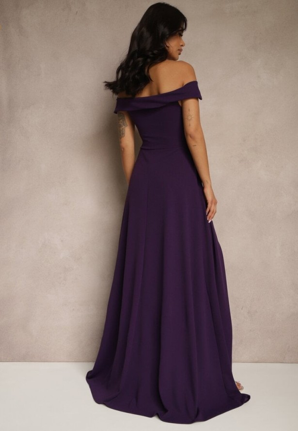 Fioletowa Elegancka Długa Sukienka Hiszpanka Wykończona Rozcięciem na Dole Idelia