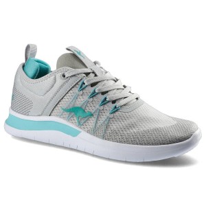 Sneakersy damskie Kangaroos, wykonane z oddychającego materiału tekstylnego z siateczkową strukturą z klasycznym sznurowaniem, szaro-turkusowe, 39136