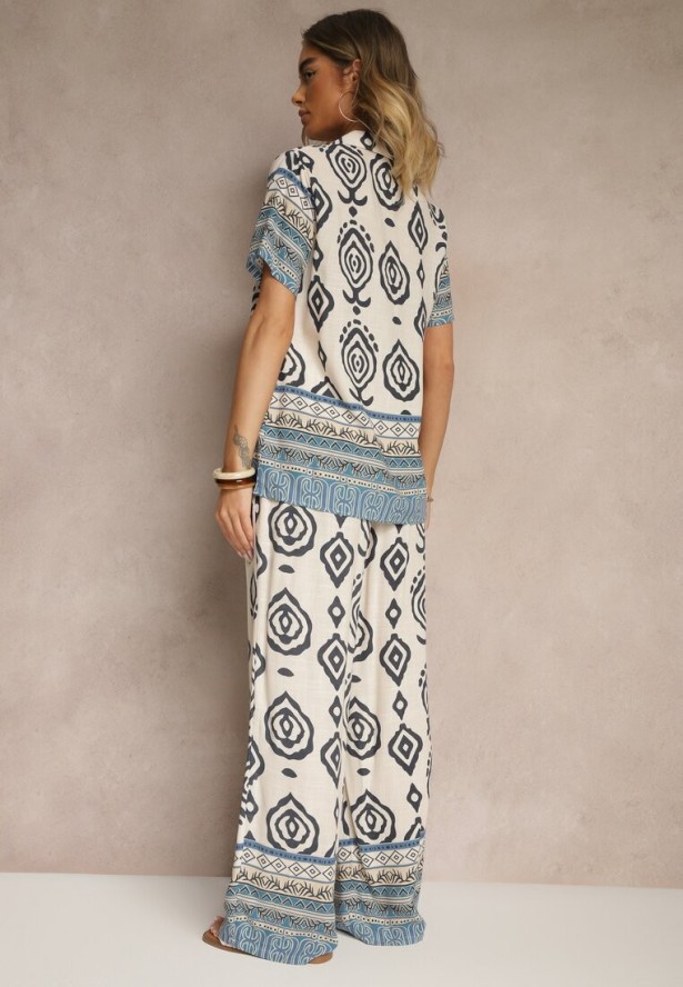Niebieski Komplet z Wiskozy Luźne Spodnie i Bluzka w Print Boho Ralkio