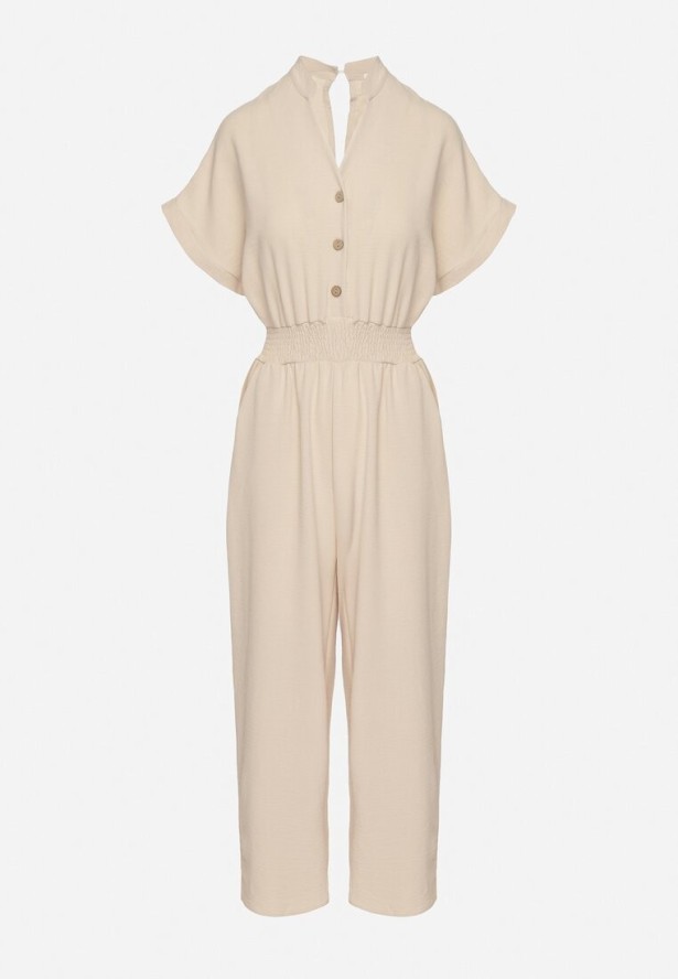 Beżowy Kombinezon z Wiskozy z Gumką w Talii i Dekoltem w Serek z Guzikami Nisella