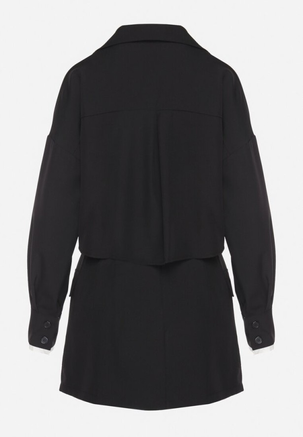 Czarny Komplet Koszula i Spódnica z Imitacją Kieszeni Zensedi