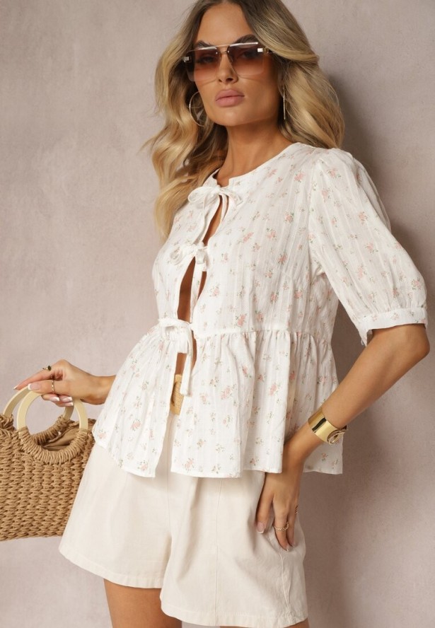 Beżowa Bluzka z Bawełny z Krótkim Rękawem i Ozdobnymi Wiązaniami z Przodu Rinsara