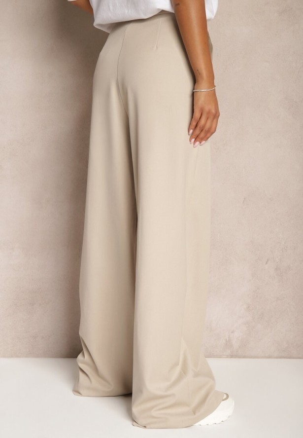 Beżowe Szerokie Spodnie z Wiskozą o Garniturowym Kroju z Zakładkami i Kieszeniami Lobine