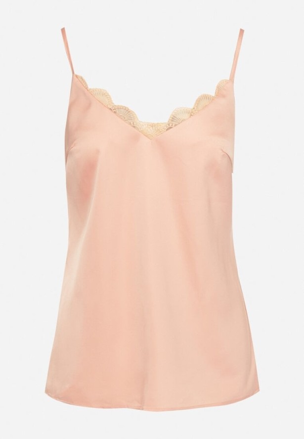 Różowa Bluzka na Ramiączkach z Delikatną Koronką i Wiązaniem Deseniela