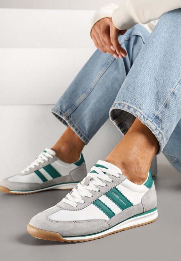 Biało-Szare Sneakersy Klasyczne Tenisówki ze Skórzaną Wkładką i Zamszem Naturalnym Tilritia