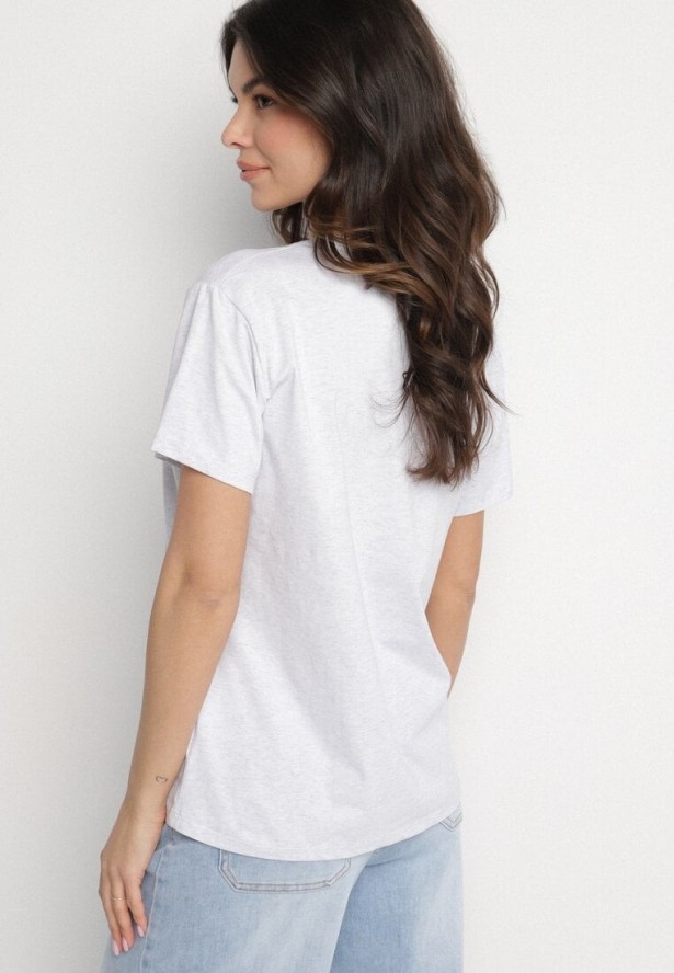 Jasnoszary T-shirt z Bawełny Ozdobiony Napisem i Cyrkoniami Olireth