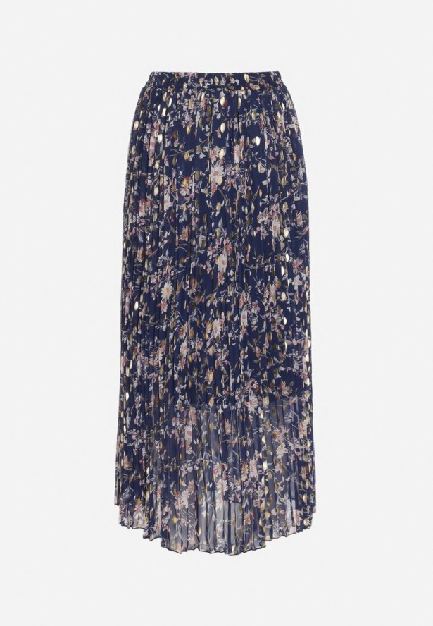 Granatowa Rozkloszowana Spódnica Plisowana z Metalicznym Nadrukiem w Kwiatowy Wzór Folireia