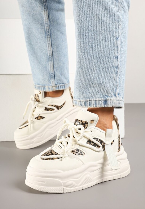 Beżowe Sneakersy w Streetwearowym Stylu na Tłoczonej Platformie z Brokatem Mailienne