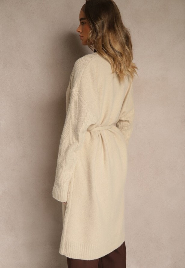 Beżowy Tłoczony Kardigan z Wełną o Kroju Bez Zapięć z Paskiem Dorrive