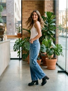 Jeansy wide leg high waist z efektem sprania - niebieski