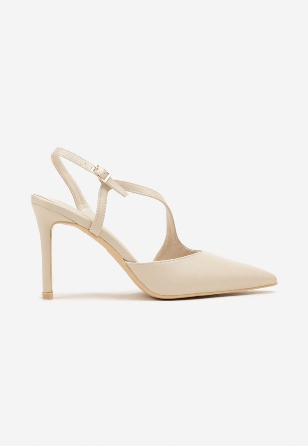 Jasnobeżowe Sandały Vices na Szpilce z Noskiem w Szpic i Skośnym Paskiem Nirare