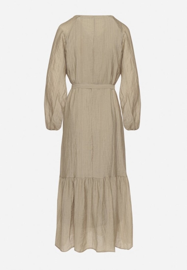 Ciemnozielona Wiskozowa Sukienka Koszulowa o Rozkloszowanym Kroju Wiązana w Talii Frollio