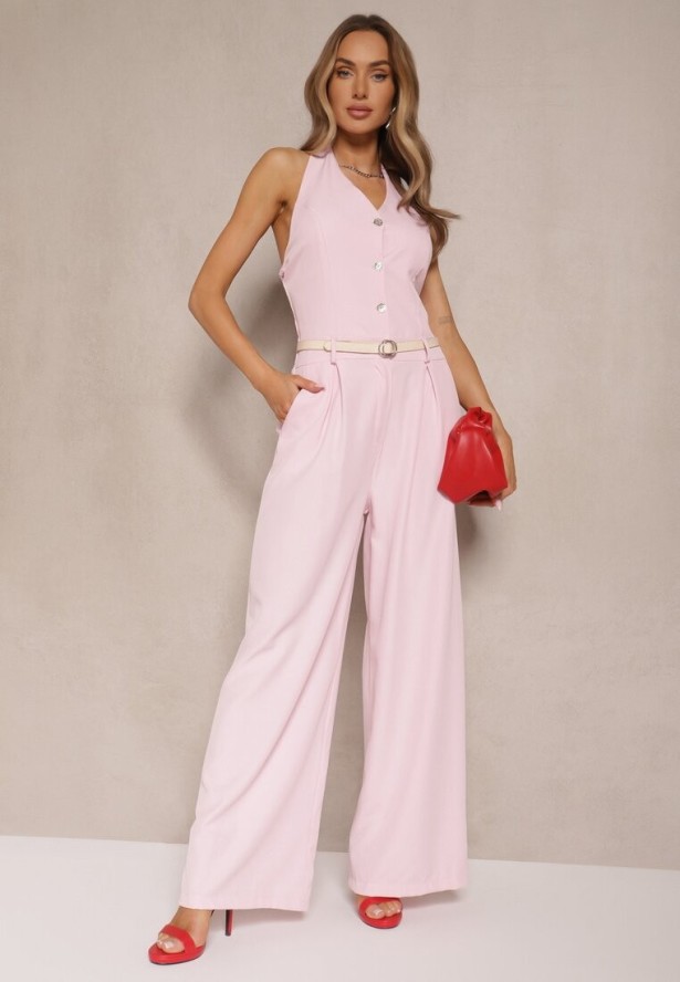 Różowy Kombinezon na Szyję z Guzikami i Szerokimi Nogawkami Tadelli