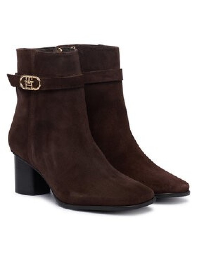 Tommy Hilfiger Botki Th Strap Suede Block Heel Boot FW0FW09521 Brązowy ciemny