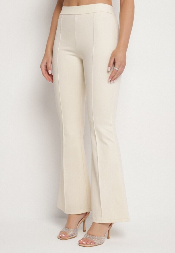 Beżowy Komplet Garniturowy Bluzka Hiszpanka z Guzikami i Spodnie Dzwony Yaskio