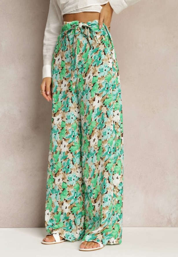 Zielone Długie Spodnie z Szerokimi Nogawkami oraz Kieszeniami i Materiałowym Paskiem Omina