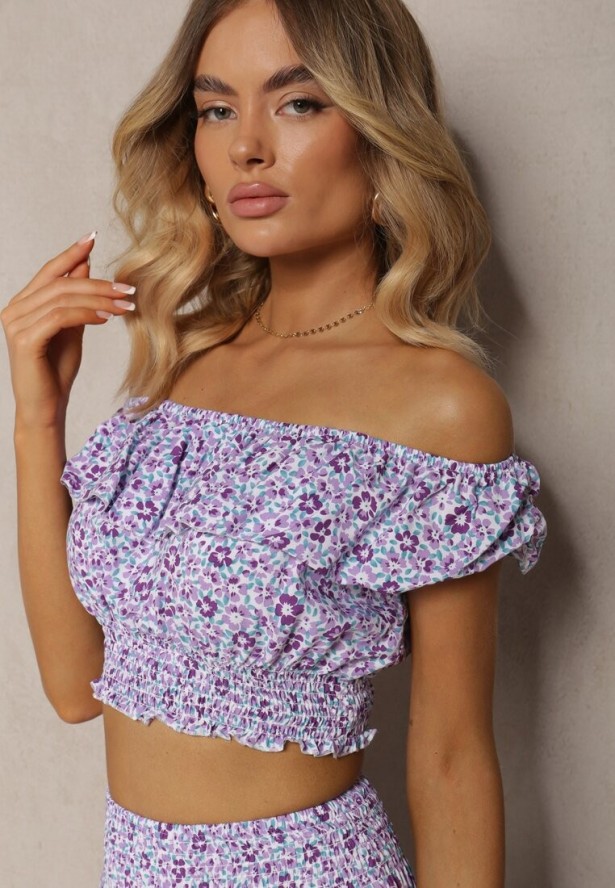 Fioletowy 2-częściowy Komplet Bawełniany z Topem i Długą Spódnicą w Kwiaty Agnda