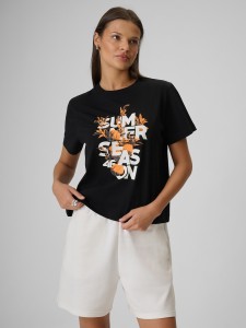 4F T-shirt boxy z nadrukiem damski - czarny M