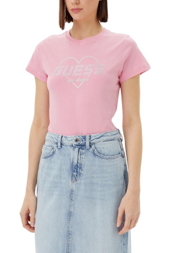 GUESS Różowy damski t-shirt Narciso, Rozmiar XL