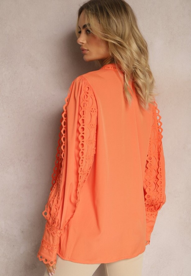 Pomarańczowa Ażurowa Koszula z Elegancką Stójką Manuella
