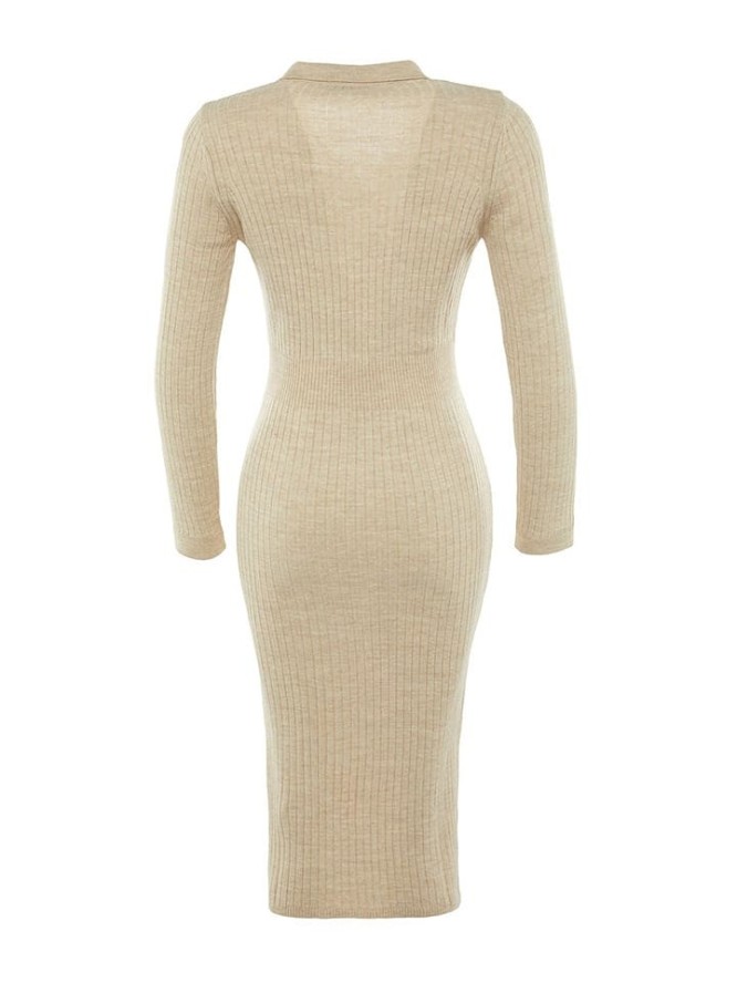 trendyol Sukienka dzianinowa w kolorze beżowym rozmiar: S