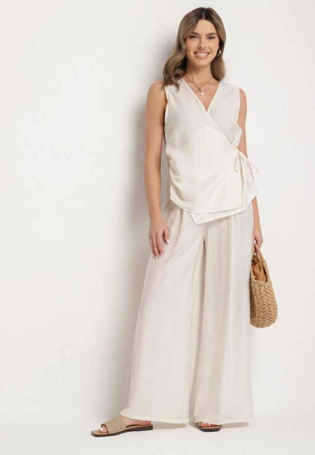 Jasnobeżowy Komplet z Lnem Szerokie Spodnie i Wiązana Bluzka Idaviela