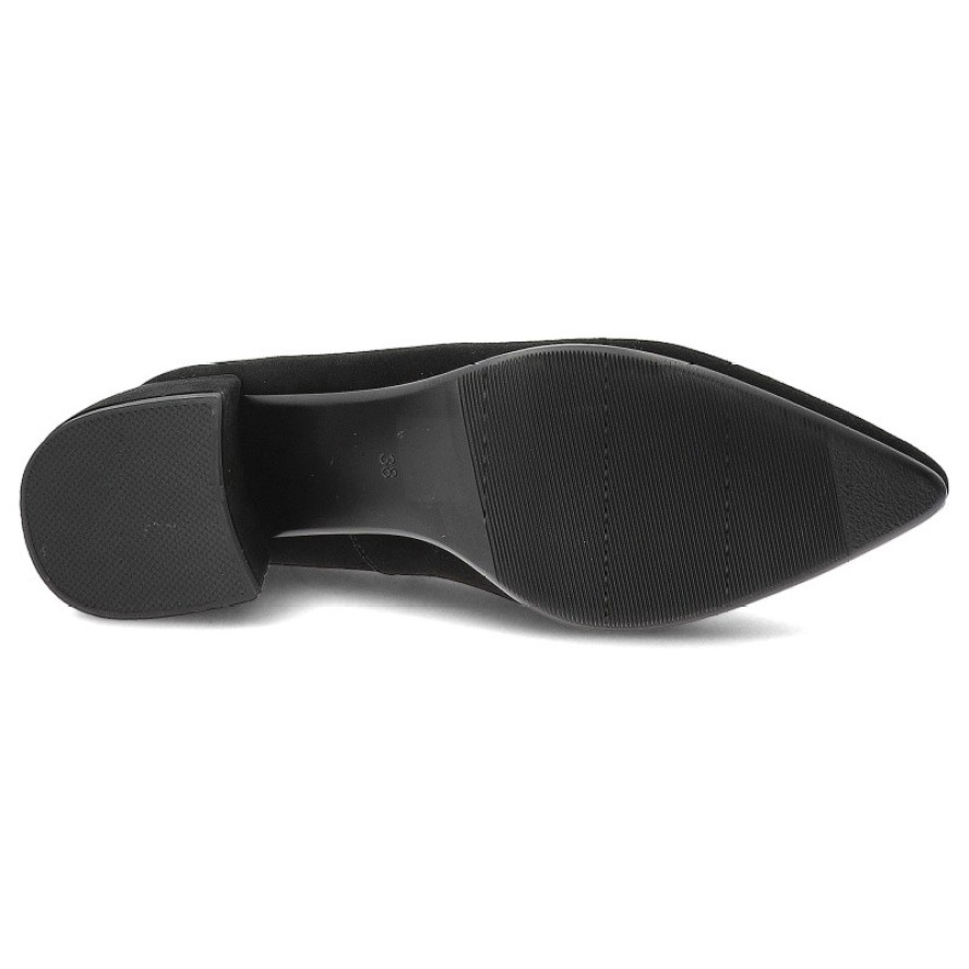 Czółenka damskie S. Barski, na klocku zamszowe z ozdobą i noskiem w szpic, czarne-srebrne, MR52-181