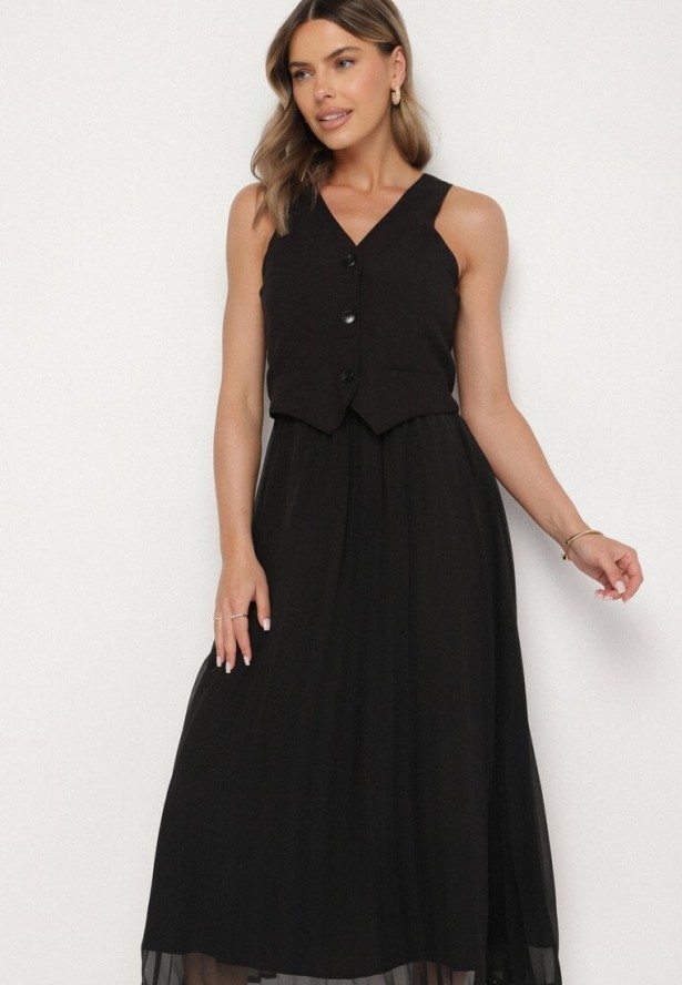 Czarna Plisowana Sukienka z Wiskozy z Wszytą Kamizelką Silanda