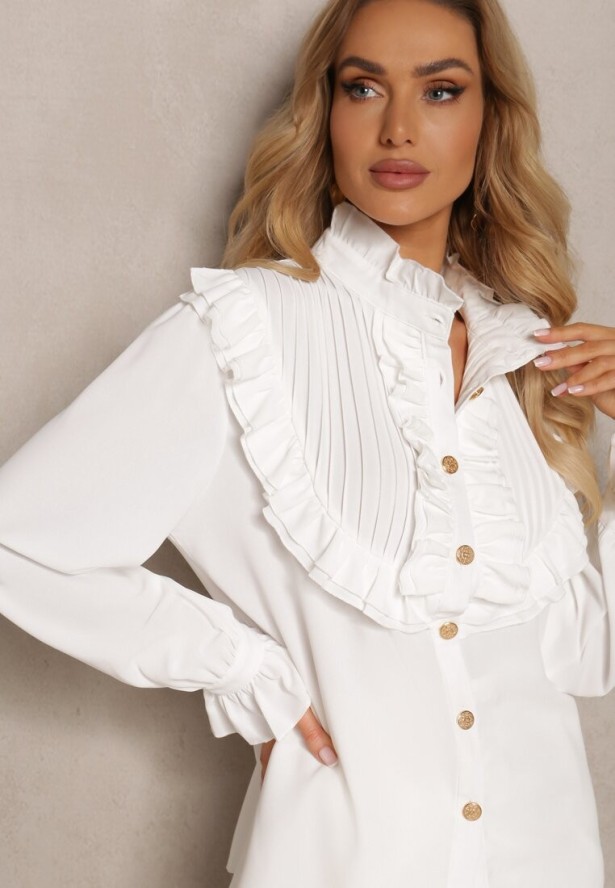 Biała Koszula z Ozdobną Falbanką i Żabotem Hansina