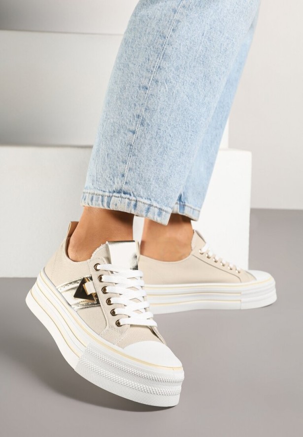 Beżowe Trampki na Grubej Podeszwie z Metaliczną Wstawką Telarella
