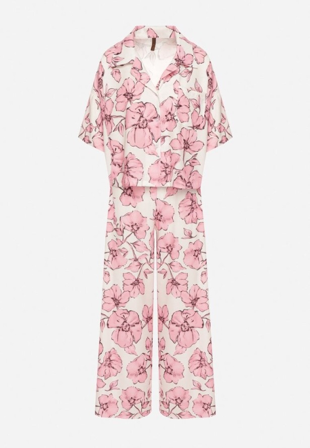 Różowy Komplet w Kwiatowy Wzór Koszula z Krótkim Rękawem i Spodnie Revailise