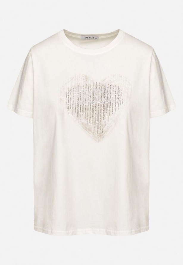 Biała Bawełniana Bluzka z Napisem i Cyrkoniowym Sercem Marilys