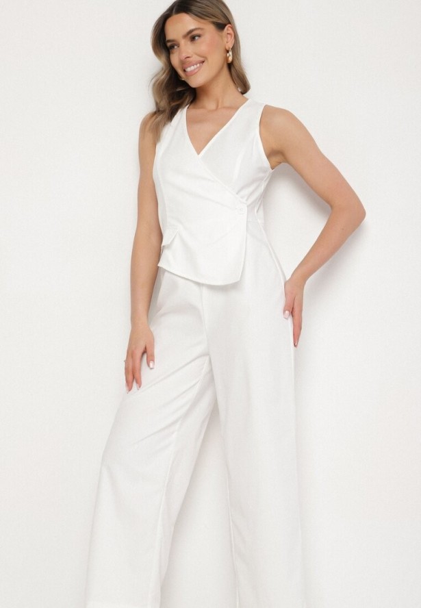 Biały Kombinezon Taliowany Elegancki Asymetryczny z Dekoltem V Nevosse