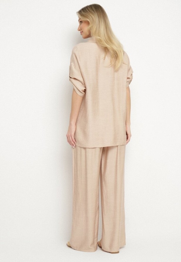 Beżowy Komplet z Wiskozy Koszula z Podpinanymi Rękawami i Szerokie Spodnie Dormoi