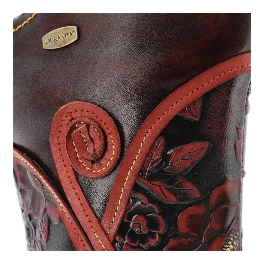 Kozaki damskie Laura Vita, wysoka cholewka ze skóry we wzory na płaskim obcasie, czerwone, SO2014-2