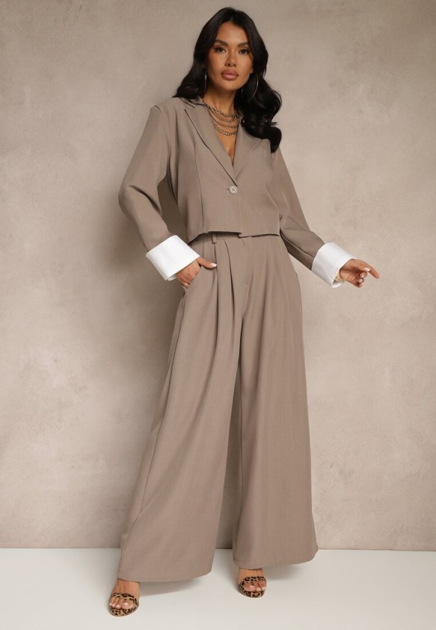 Jasnobrązowy Garniturowy Komplet Marynarka i Spodnie z Kontrastującymi Zdobieniami Davirielle