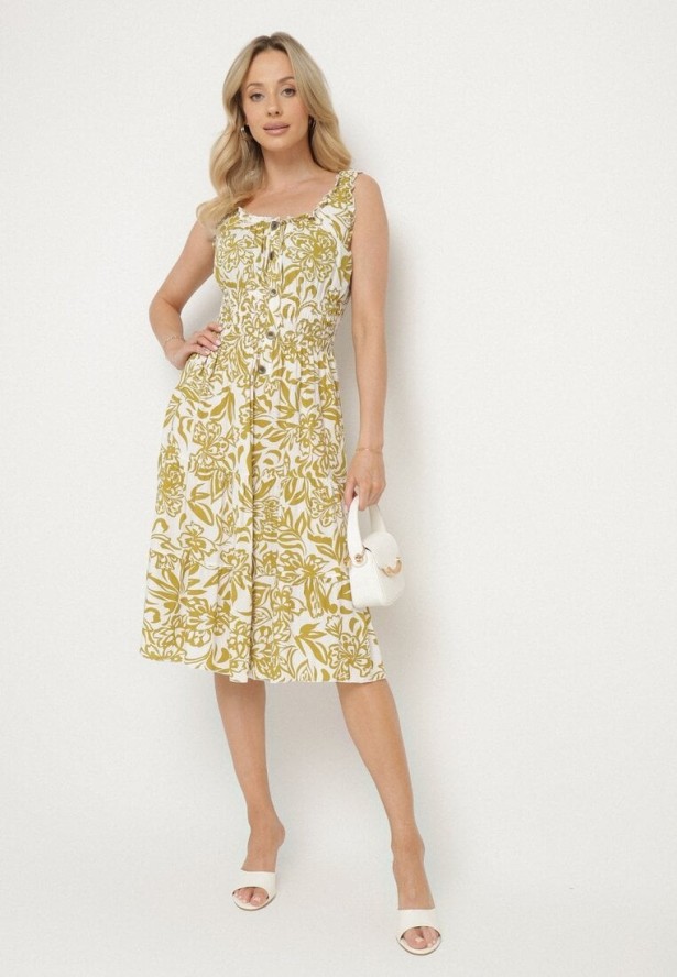 Jasnozielona Bawełniana Sukienka Rozkloszowana Ozdobiona Guzikami Lisavena