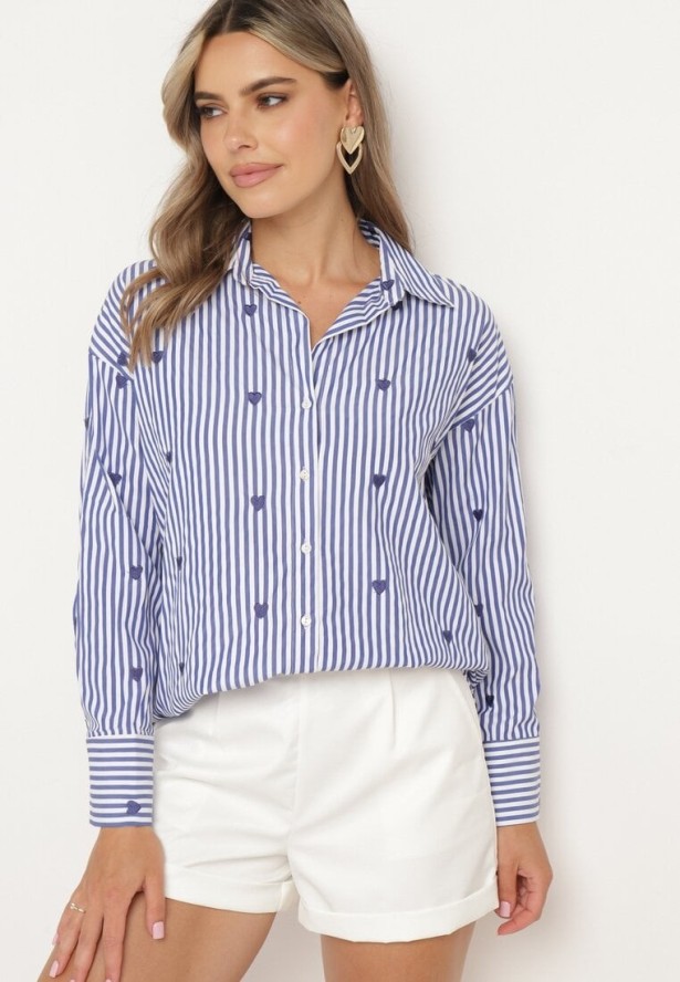 Granatowa Bawełniana Koszula w Paski z Haftowanymi Sercami Larnieka