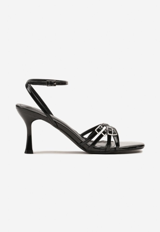 Czarne Sandały na Szpilce z Ozdobnymi Paseczkami i Sprzączkami Daliene