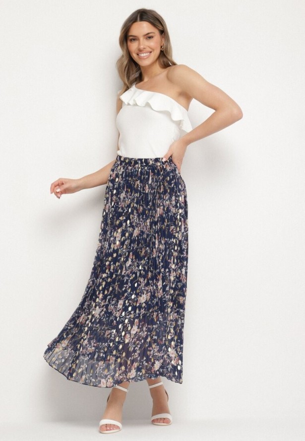 Granatowa Rozkloszowana Spódnica Plisowana z Metalicznym Nadrukiem w Kwiatowy Wzór Folireia