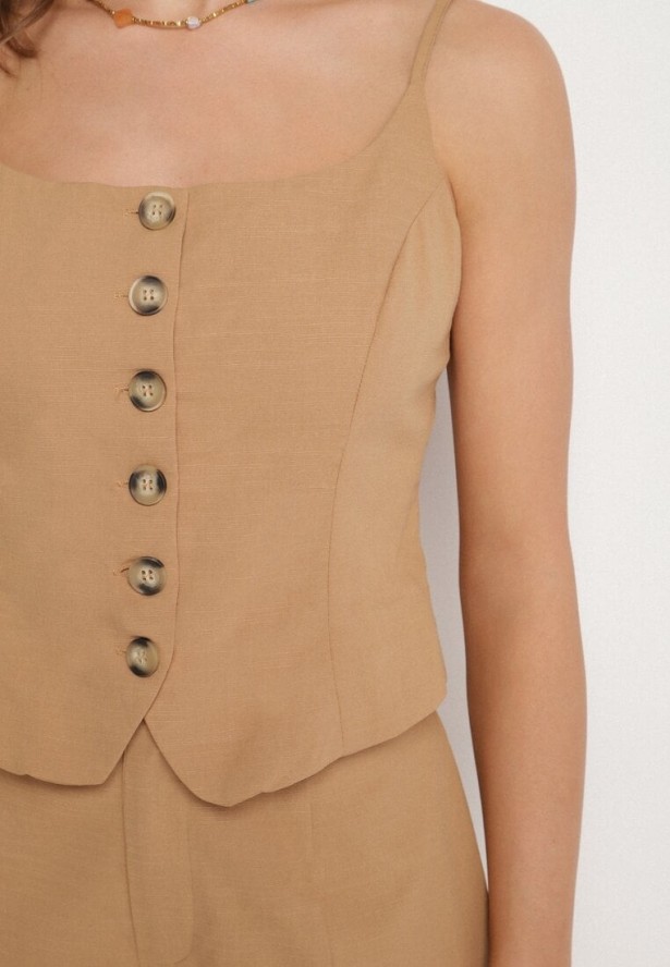 Ciemnobeżowy Top z Bawełną na Cienkich Ramiączkach z Guzikami Divnea