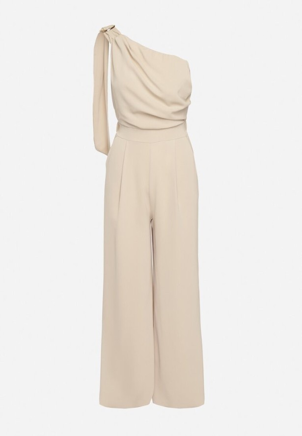 Beżowy Kombinezon Asymetryczny na Jedno Ramię z Dwoma Kieszeniami Benama