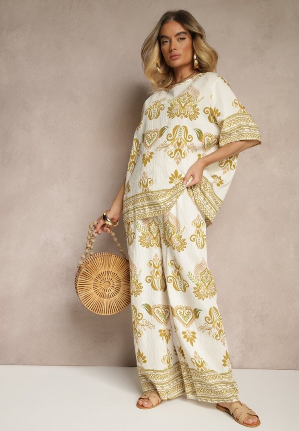 Żółty Wiskozowy Komplet w Orientalny Print Szerokie Spodnie i T-shirt Pollialia