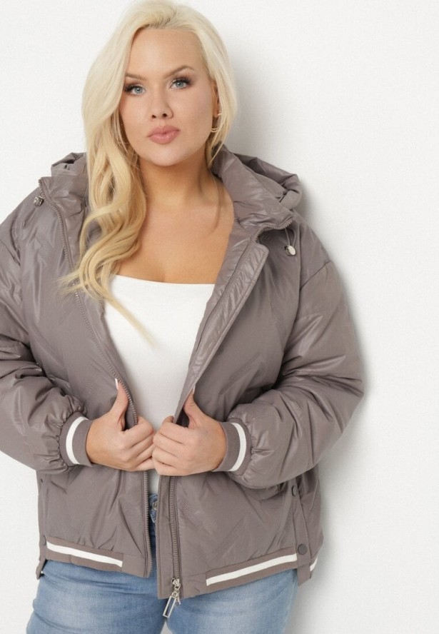 Ciemnoszara Kurtka Pikowana z Odpinanym Kapturem i Ozdobnymi Ściągaczami Dorseli