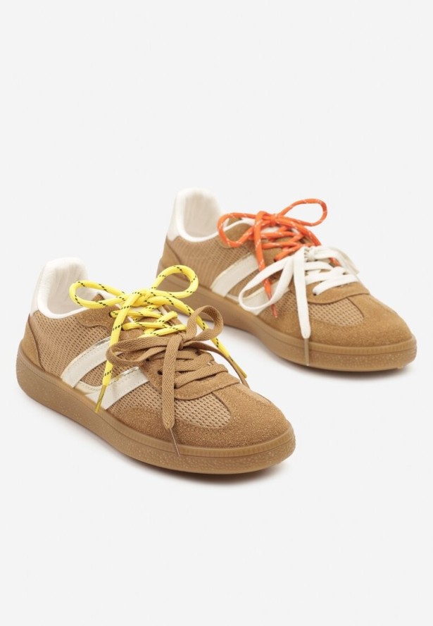 Brązowe Sneakersy z Geometrycznymi Paskami i Podwójnym Wiązaniem Florlevi