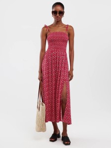 Sukienka damska midi z wiskozy na ramiączkach z motywem kwiatowym czerwona Lamboni 603